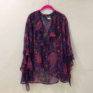 Bob Mackie Women L Cardigan Sheer Silk Ruffle Paisley Multicolor Metallic Vtg